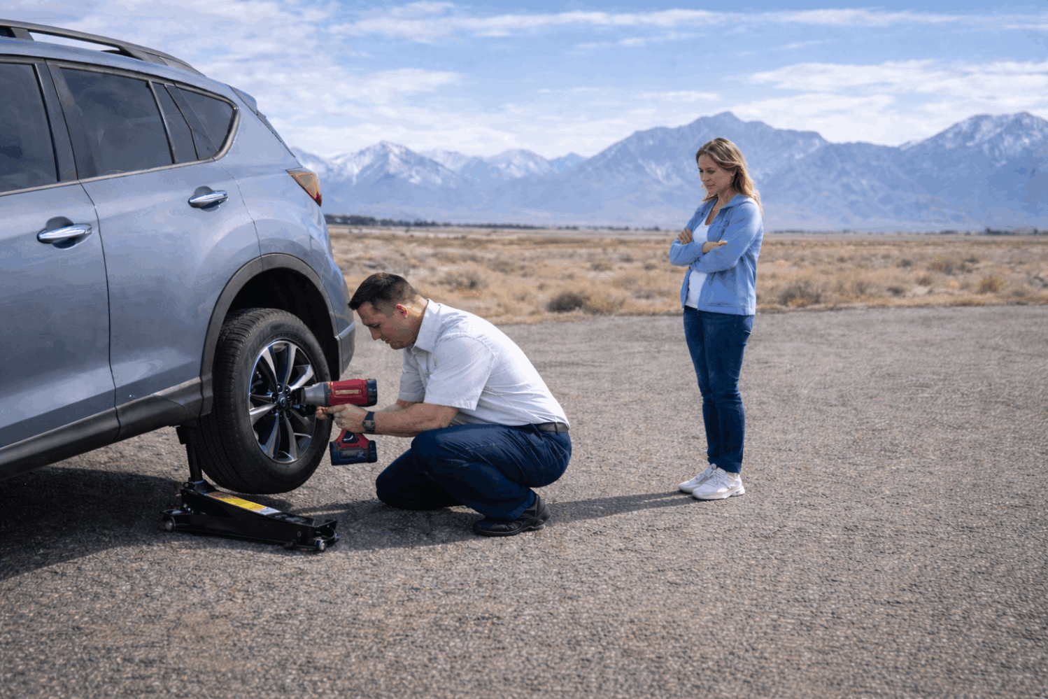 Sierra Auto Locksmith technician changing a flat tire