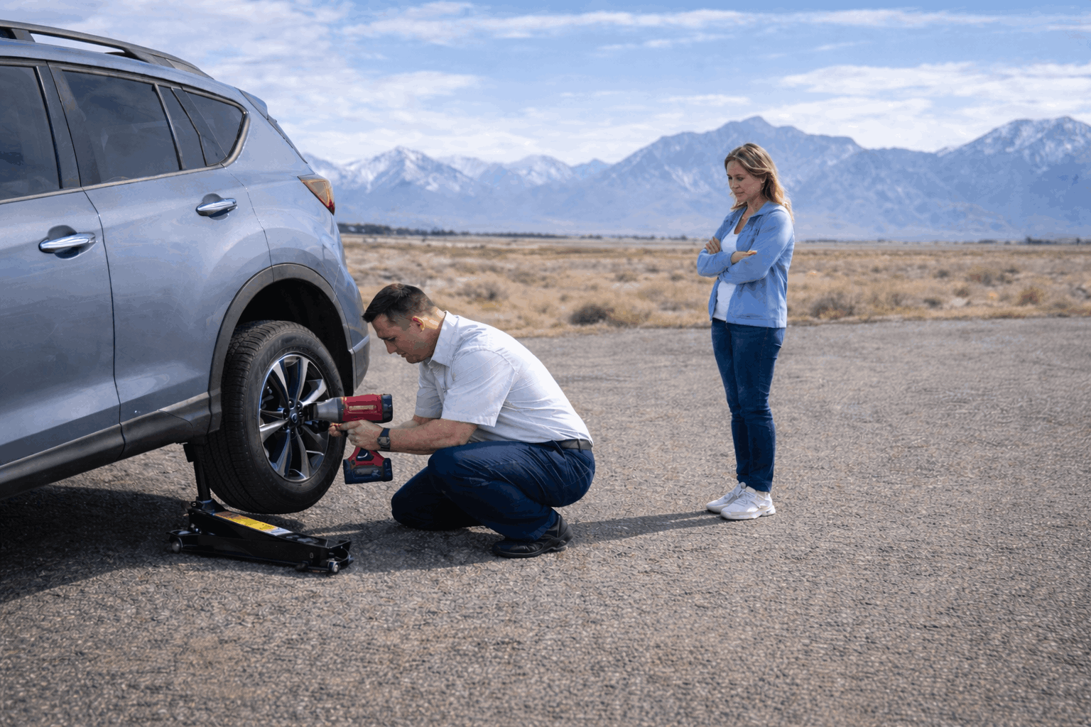 Sierra Roadside Rescue helping a customer with a roadside flat tire.